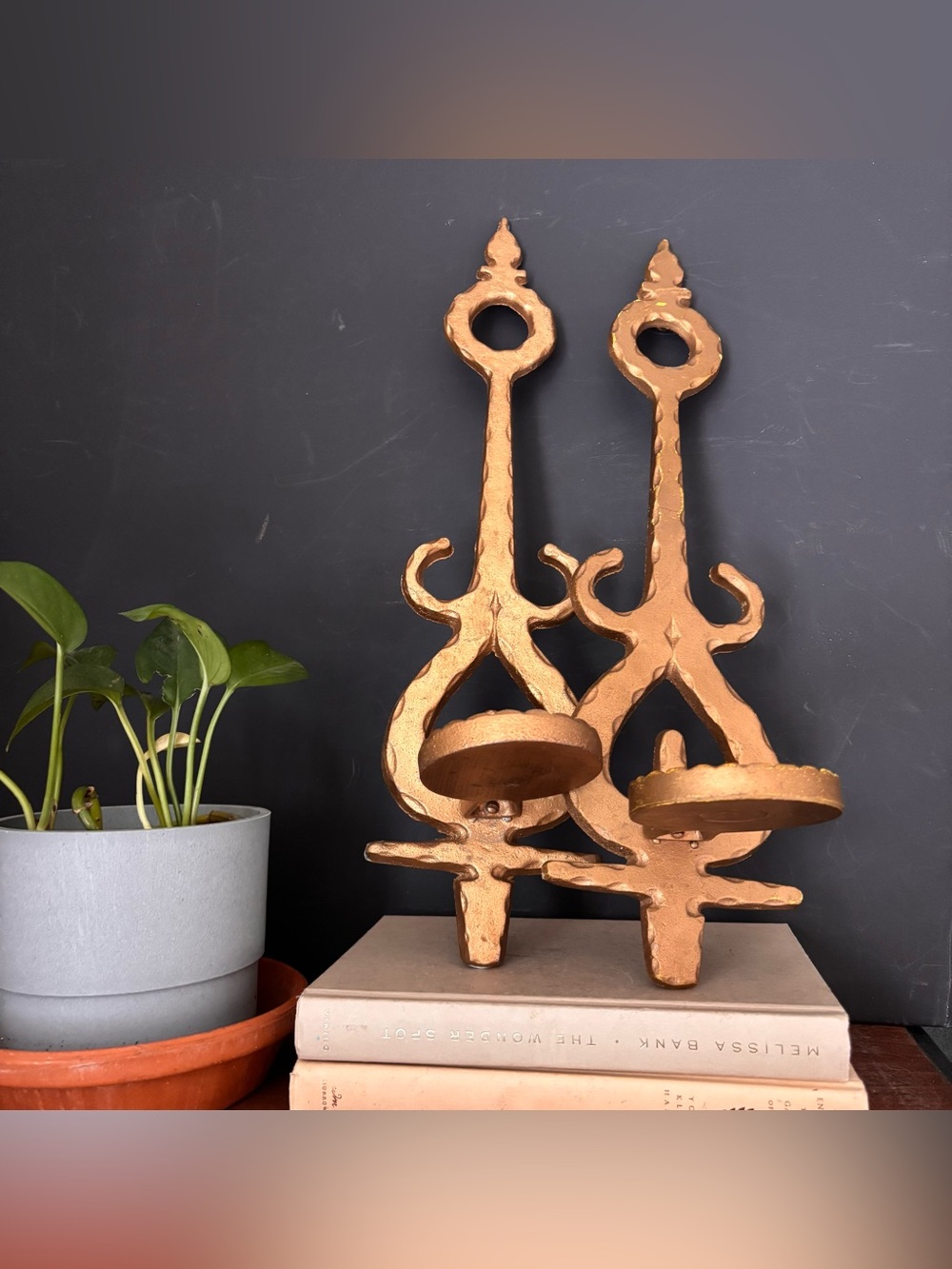 Pair of Ornate Vintage Cast Aluminum Gold Candle Sconces Wall Sconces